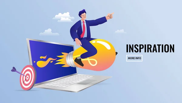 Businessman Riding Idea Light Bulb Flying Laptop Creative New Idea — Stockvector