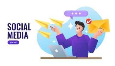 Worker with laptop and airplane paper. Project landing page template.