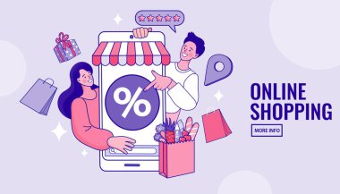E-commerce advertising illustration. fast online delivery service. Food delivery.