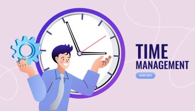 Koca bir kum saatiyle yerde oturan bir adam. İyi zaman yönetimi. İş adamı görevlerini tamamlamak için acele ediyor. Son teslim tarihi, proje zaman sınırı, görev teslim tarihi. randevu konsepti. vektör illüstrasyonu.