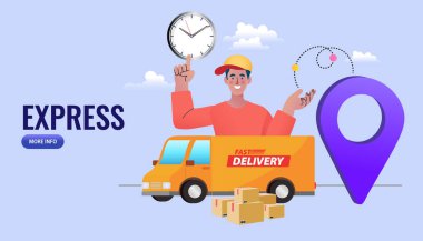 Delivery concept. Man Delivering Online with order from smart phone. Shopping on social networks through phone flat design style. Vector illustration. clipart