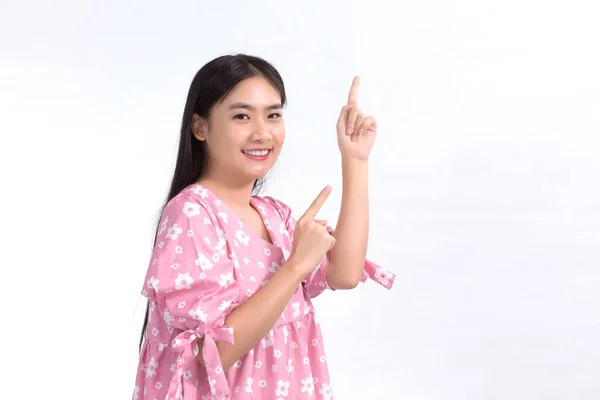 Asiático Lindo Chica Rosa Vestido Actos Emocionante Punto Hasta Presentar —  Fotos de Stock