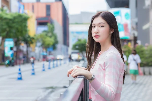 Asian Beautiful Woman Pink White Striped Coat Standing Urban Outdoors — Stock Photo, Image