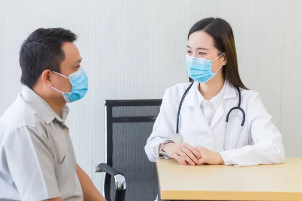 Young Asian Woman Doctor Asking Patient Questions Clinical Examination Room — Stock Photo, Image
