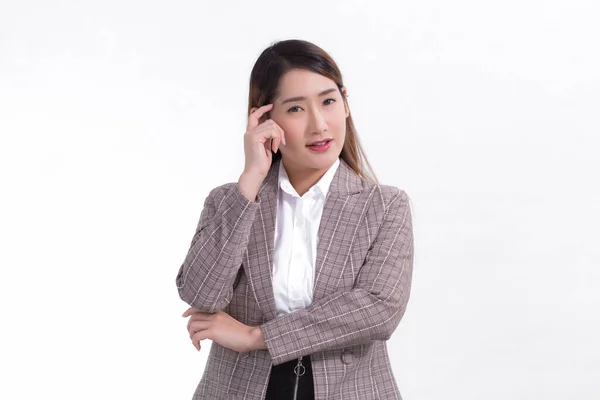 Asiatique Femme Affaires Costume Formel Pense Quelque Chose Sur Fond — Photo