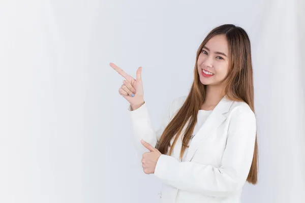 Young Asian Cute Woman White Suit Acts Exciting Point Present — Stock Photo, Image