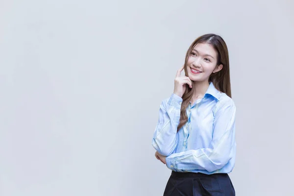 Young Asian Business Working Woman Long Hair Who Wear Blue — Stock Photo, Image