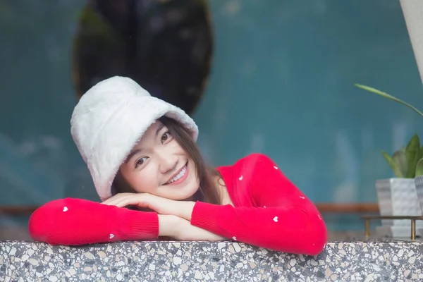 Portrait Beautiful Skin Asian Woman Who Wears Red Long Sleeve — Stock Photo, Image
