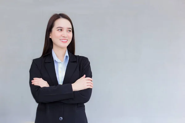 Professional Business Working Asian Woman Who Wear Black Formal Suit — Stock Photo, Image