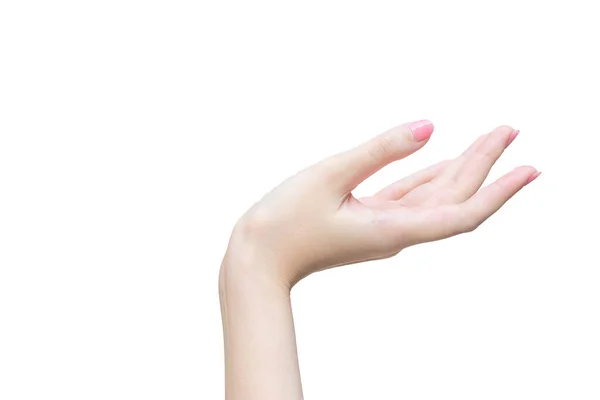 美丽的女性的手显示手指是指甲概念中的一个指示符号 用来展示白色背景上的东西 — 图库照片