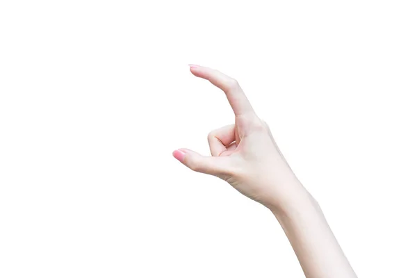 Vrouw Hand Poseert Gedraagt Zich Als Een Plukken Iets Geïsoleerd — Stockfoto