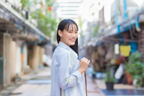 Confident Young Asian Female Who Wears Blue White Shirt Bag — Stock Photo, Image