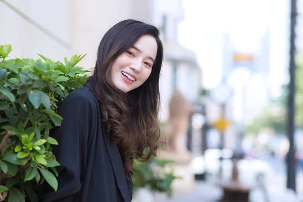 Portrait Asian Woman Long Hair Wears Black Coat Stands Outdoor — Stock Photo, Image