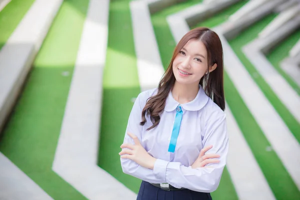 Beautiful High School Asian Student Girl School Uniform Stands Smiles —  Fotos de Stock