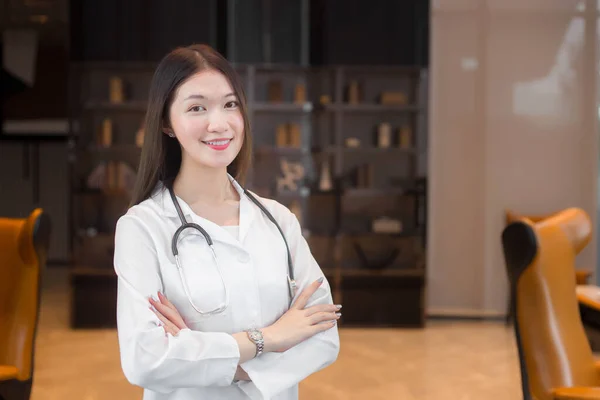 Professional Young Age Asian Woman Doctor Standing Smile Good Mood — Stock Fotó