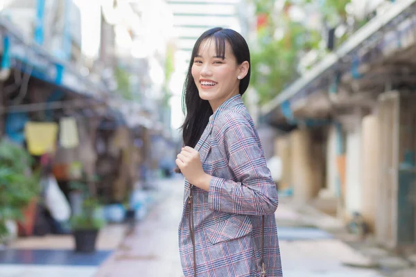 Confident Young Asian Woman Who Wears Grey Striped Blazer Shoulder — Stock Photo, Image
