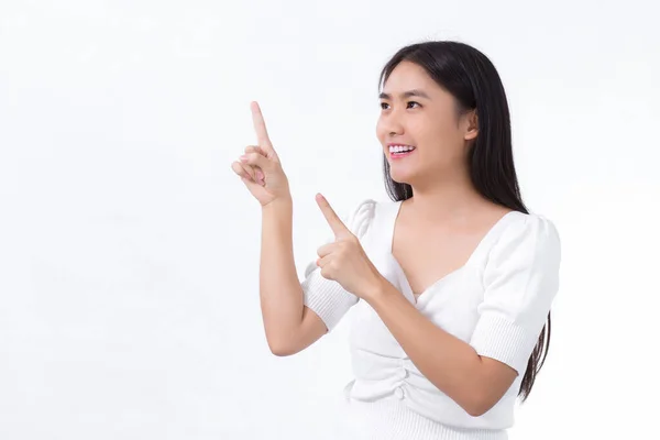 Asiatico Donna Nero Lungo Capelli Indossa Bianco Camicia Mostra Punto — Foto Stock