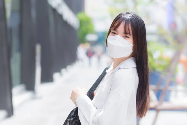 Confident Young Asian Female Who Wears White Shirt Bag While — 图库照片