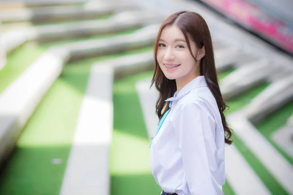 Beautiful Asian High School Student Girl School Uniform Braces Her — Stock Fotó