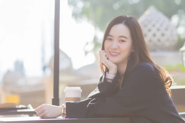 Beautiful Business Asian Woman Dark Blue Suit Sitting Chair Drink — Stok fotoğraf