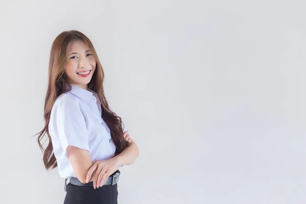Portret Dorosłego Tajlandzkiego Studenta Uniformie Studenckiej Azji Piękne Dziewczyna Stoi — Zdjęcie stockowe