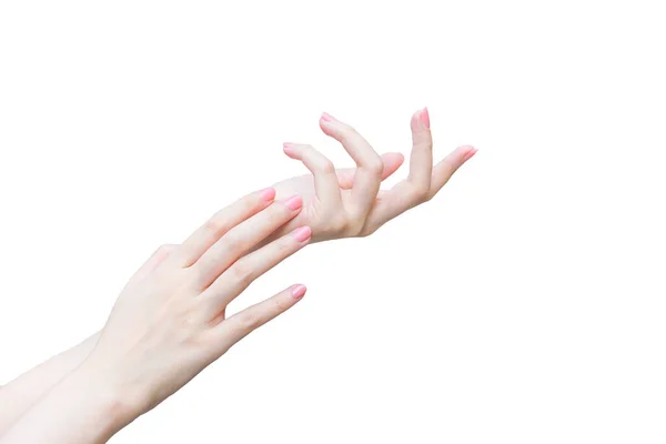 美丽的女性手 女性手用乳液或护手霜在温泉和指甲护理中的应用 — 图库照片
