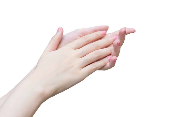 Mão Mulher Bonita Mão Feminina Aplicando Loção Creme Mão Para — Fotografia de Stock
