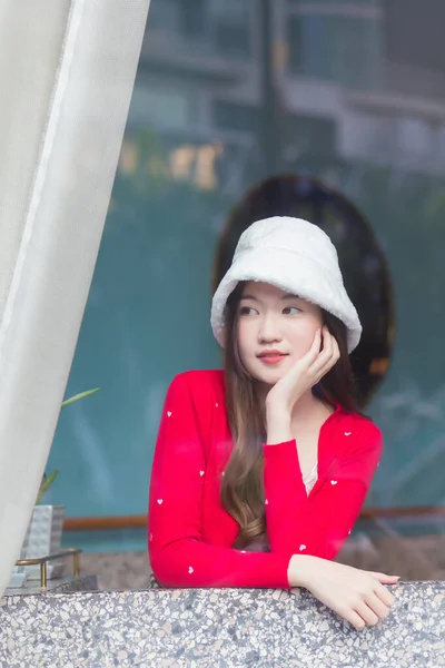 Portrait Beautiful Skin Asian Woman Who Wears Red Long Sleeve — Stock Photo, Image