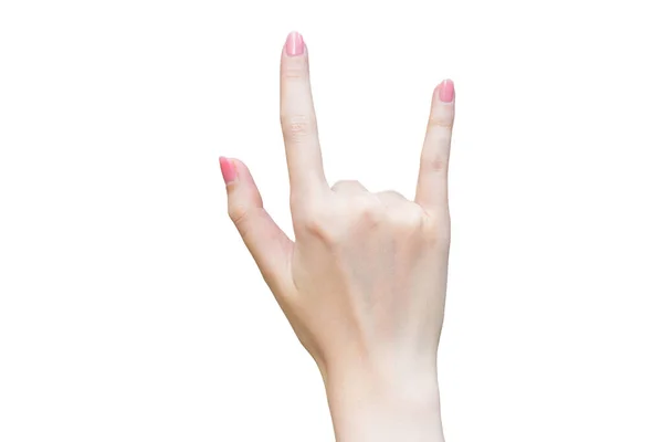 Vrouwelijke Hand Acts Teken Als Hou Van Symbool Geïsoleerde Witte — Stockfoto