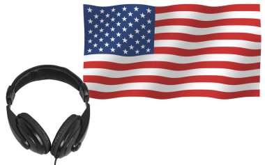 Kulaklıklar ve beyaz bir arka planda Amerikan bayrağı. Amerikan bayrağı taşıyan siyah kulaklıklar. Kopyalama alanı olan arkaplan