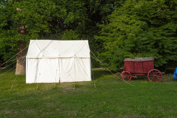 Vagões Medievais Vintage Com Comida Tendas Fundo Floresta Acampamento Medieval — Fotografia de Stock