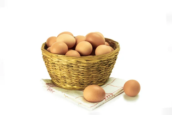 Huevos Pollo Frescos Una Canasta Mimbre Fondo Con Espacio Para —  Fotos de Stock