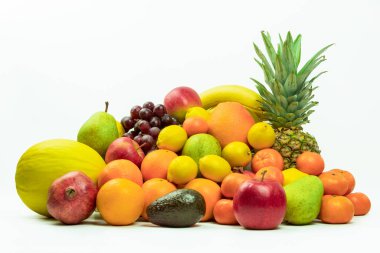 Taze olgun meyve ve sebzelerin lezzetli karışımı. Yemek konsepti geçmişi. Boşluğu kopyala