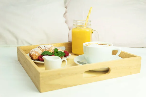 Coffee Orange Juice Croissant Wooden Stalk Romantic Breakfast Bed White — Stock Photo, Image