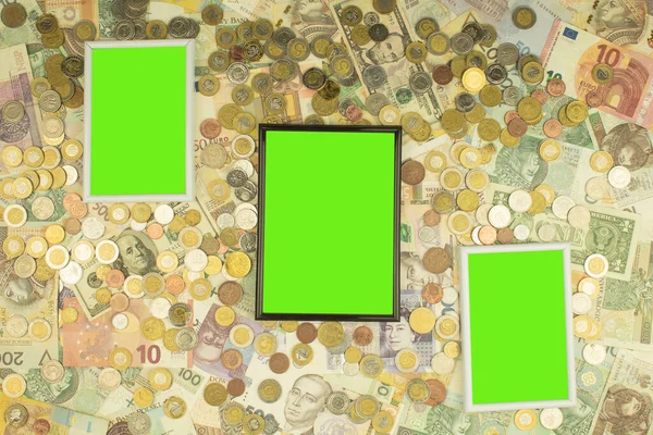 Papírové Peníze Mince Různých Zemí Různé Nominální Hodnoty Klávesa Chroma — Stock fotografie