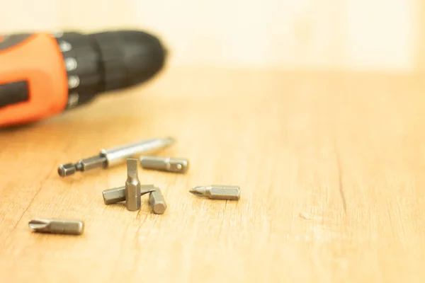Metal screwdriver bits, background with place for text. Screwdriver with screwdriver bits