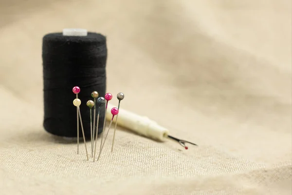 Spool Thread Needles Sewing Close Skein Threads Background Place Text — Zdjęcie stockowe