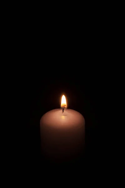 Burning Wax Candle Black Background One Candle Lit Dark Black — Foto Stock
