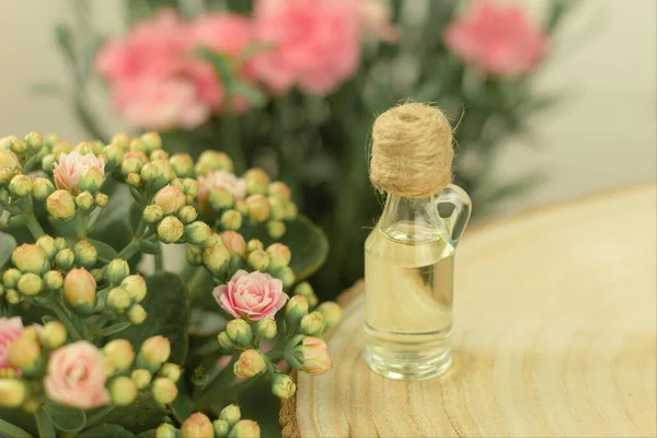 Bottle Aromatic Oil Made Fresh Flower Petals Essential Oil Cloves — Stock Photo, Image