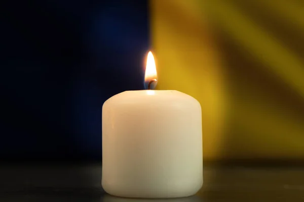 One Burning Candle Background National Flag Ukraine Background Copy Space — Stock Photo, Image