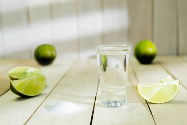Tequila Lime Salt Wooden Background Tequila Shot Mexican Tequila Alcoholic — Stockfoto