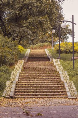 Landscape with a stone staircase in an autumn park. Lanterns and trees in the autumn park