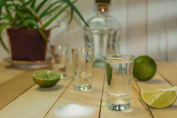 Tequila Lime Salt Wooden Background Tequila Shot Mexican Tequila Alcoholic — Foto de Stock