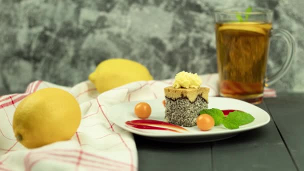 Delicious Sponge Cake Poppy Filling Piece Cake White Plate Decorated — Vídeo de Stock