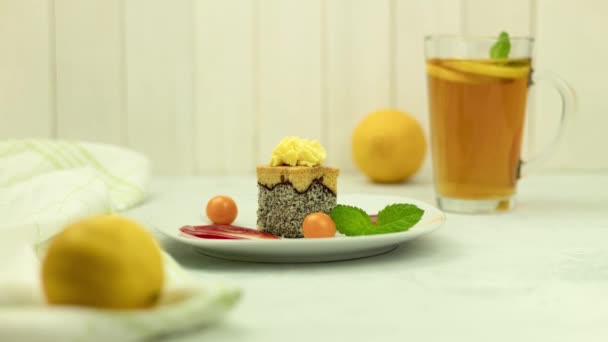 Delicious Sponge Cake Poppy Filling Piece Cake White Plate Decorated — Stockvideo