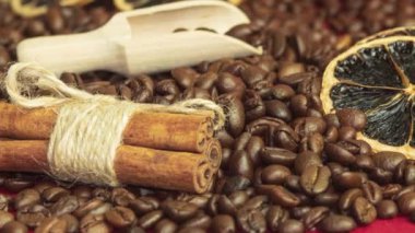 Fragrant cinnamon sticks photo unfold, Camera zoom. The texture of the background product is fragrant cinnamon tied with twine