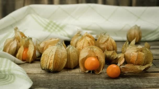 Fresh Physalis Berries Rustic Background Copy Space Camera Zoom One — Video