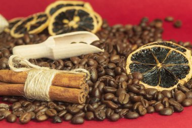 Festive Christmas background with copy space, red background. Christmas and greeting card