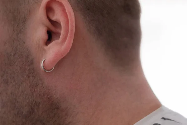 Earring Ear Close Piercing Ear Men Silver Earring Silver Men — Fotografia de Stock