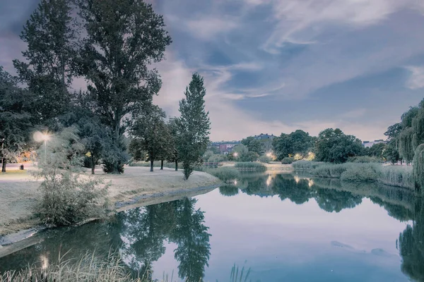 Beautiful morning sunrise in the city park. Beautiful panorama of green city park at sunrise